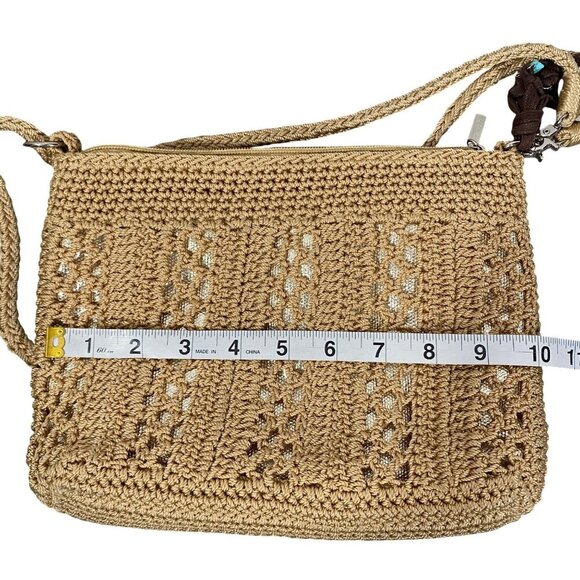 The Sak Womens Crocheted gold metallic underlay Crossbody Bag Beige beach boho - Picture 11 of 14